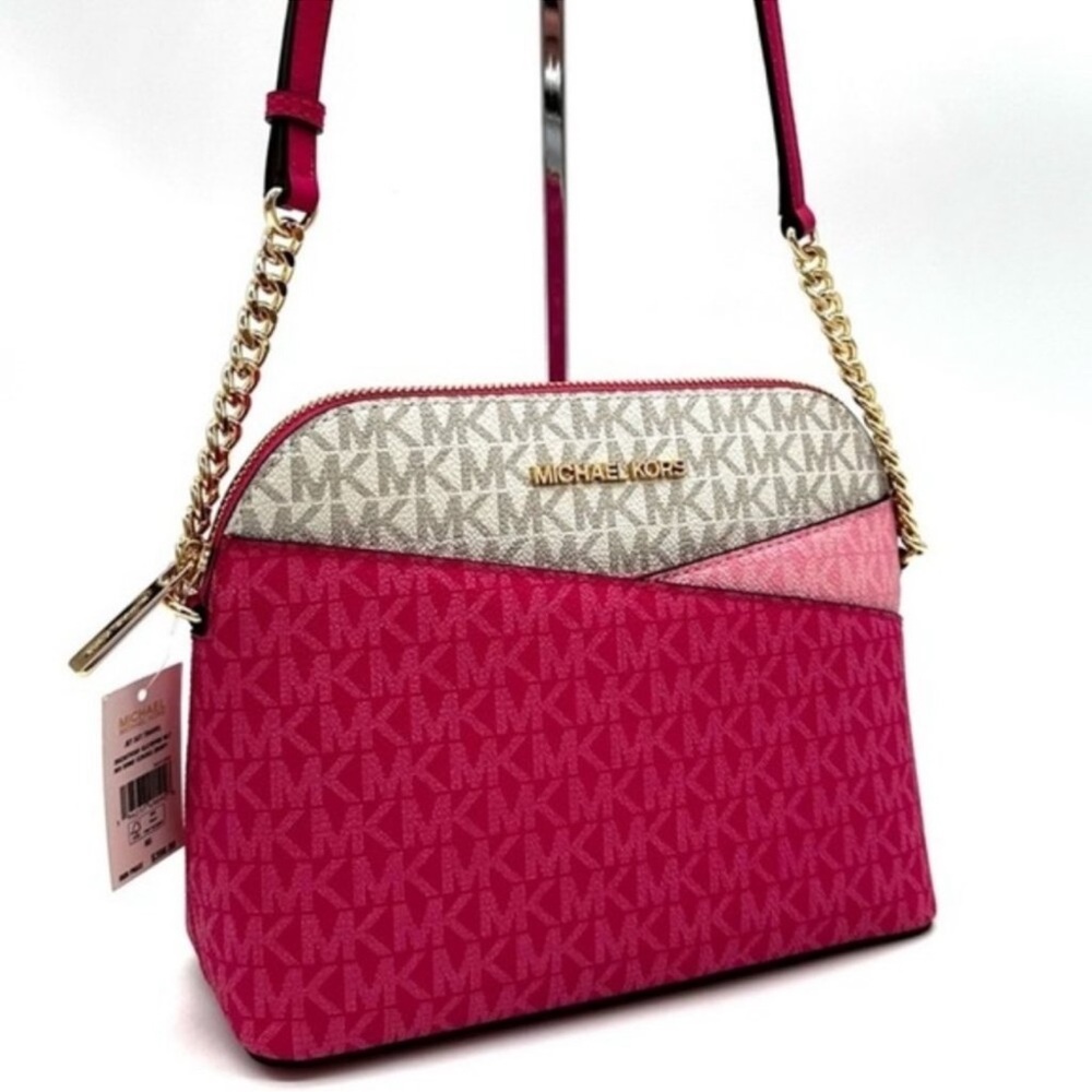 NWT Michael Kors Raspberry Jet Set Sig Med Crossbody w/MK Keychain & Dusty